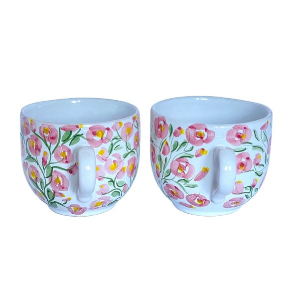 Terra Pink Rose Floral Hand Painted Ceramic 16oz Large Coffee Mugs Set Of 2 - Picture 3 of 14